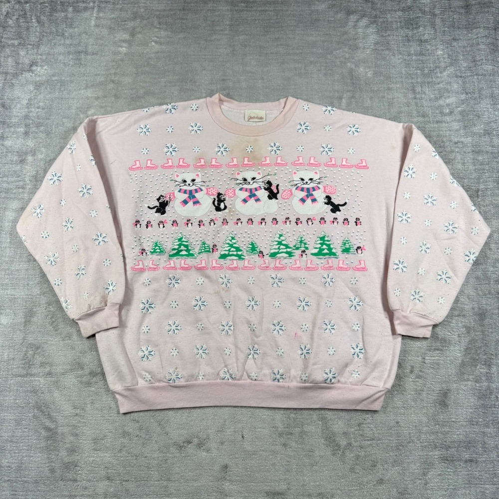 Vintage Cat Snowflake Sweatshirt Womens Large Pink Puffy Paint Winter Gadabouts